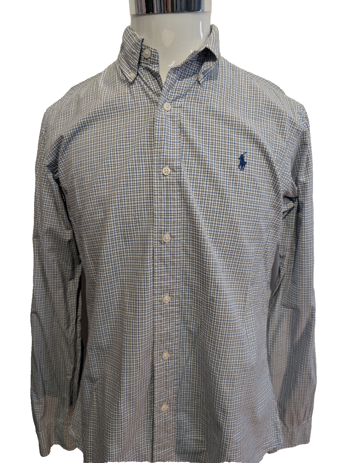 Chemise Polo Ralph Lauren Shirt M Custom Fit Micro-Carreaux Bleu Noir Button Dow