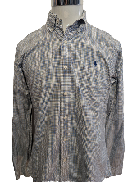Chemise Polo Ralph Lauren Shirt M Custom Fit Micro-Carreaux Bleu Noir Button Dow