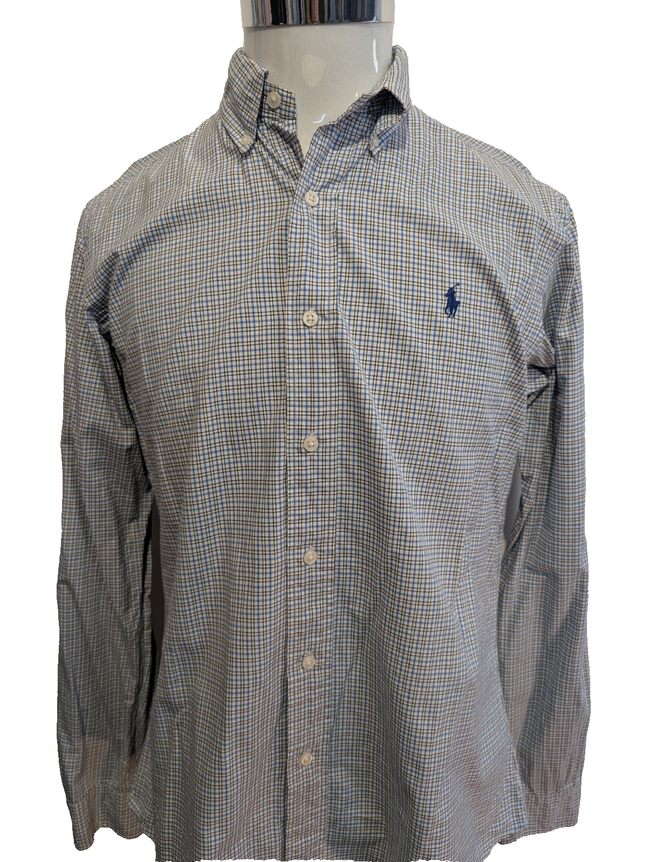 Chemise Polo Ralph Lauren Shirt M Custom Fit Micro-Carreaux Bleu Noir Button Dow