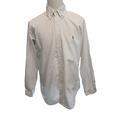 Chemise Ralph Lauren L Oxford Blanc Logo Marron Coton Manches longues