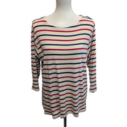 Pull L.L.Bean Femme XL Marinière Rayures Rouge Bleu Écru Coton Manches 3/4