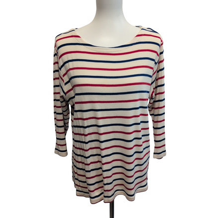 Pull L.L.Bean Femme XL Marinière Rayures Rouge Bleu Écru Coton Manches 3/4