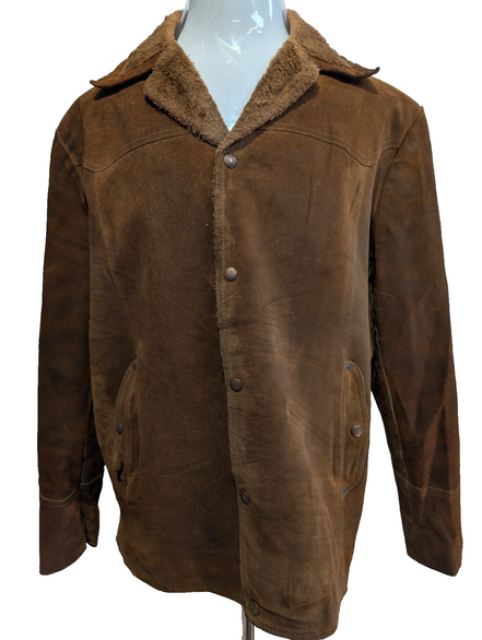 Vintage Pioneer Wear Suede Leather Shearling 44L Brown Western USA |47c