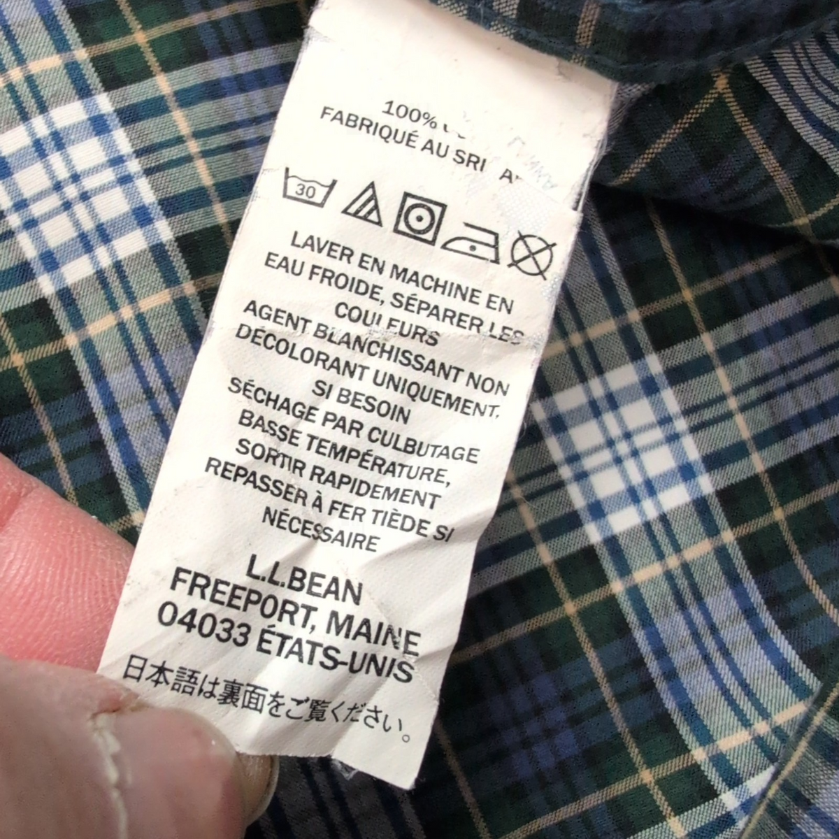 Chemise LL Bean L Bleu Vert Carreaux Wrinkle Free Coton Poche USA longues mch