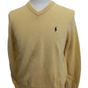 Pull Polo Ralph Lauren Jaune Logo Bleu Marine - 100% Laine d'Agneau S/M (ajusté)