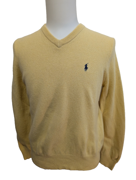Pull Polo Ralph Lauren Jaune Logo Bleu Marine - 100% Laine d'Agneau S/M (ajusté)