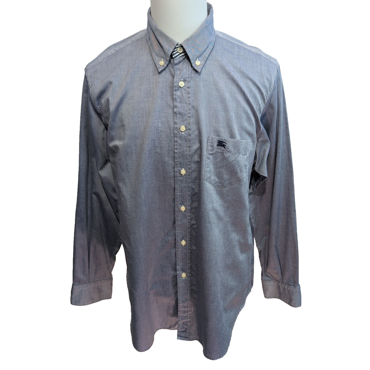 Chemise BURBERRY XL Bleu Uni 100% Coton Logo Brodé Manches Longues