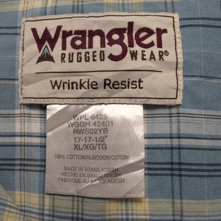 Chemise Wrangler Manches Courtes Bleue et Jaune à Carreaux Taille XLT