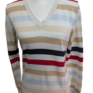 Pull Col V Tommy Hilfiger à rayures Rouge Marron Bleu Blanc Femme - Taille L