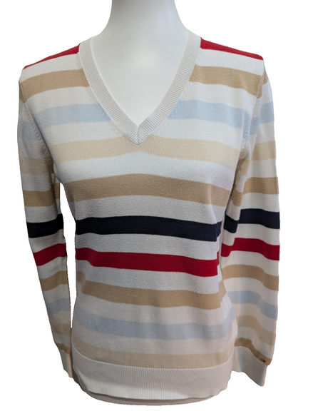 Pull Col V Tommy Hilfiger à rayures Rouge Marron Bleu Blanc Femme - Taille L