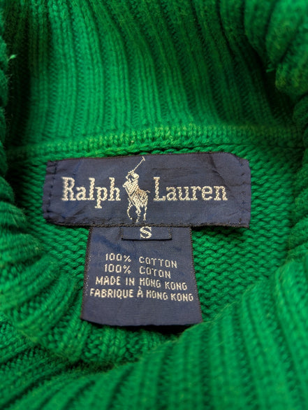 Pull Col Roulé Ralph Lauren Vert 100% Coton Logo Marron - Taille S
