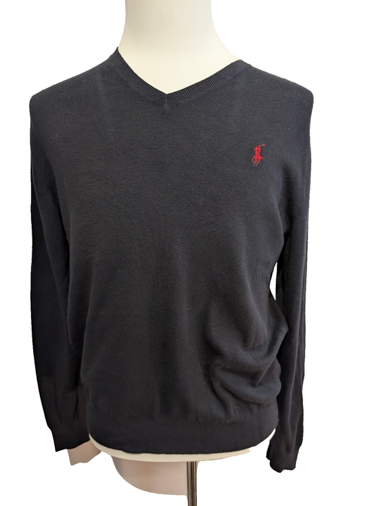 Pull Fin Polo Ralph Lauren Bleu Marine Col V Taille S Pima Coton Logo Rouge