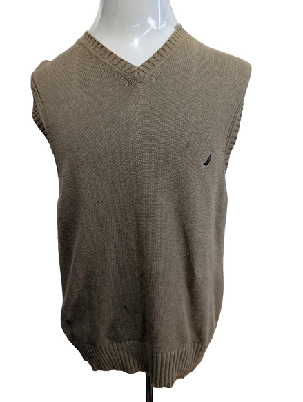 Pull Nautica L sans manches kaki beige col V 100% coton logo brodé