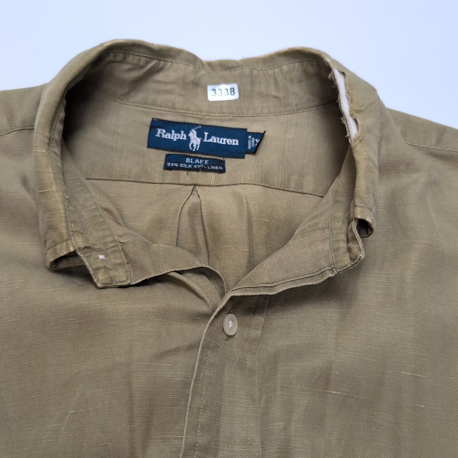 Chemise Ralph Lauren Blake XL Soie Lin Kaki Logo Bleu Marine mancheslongues