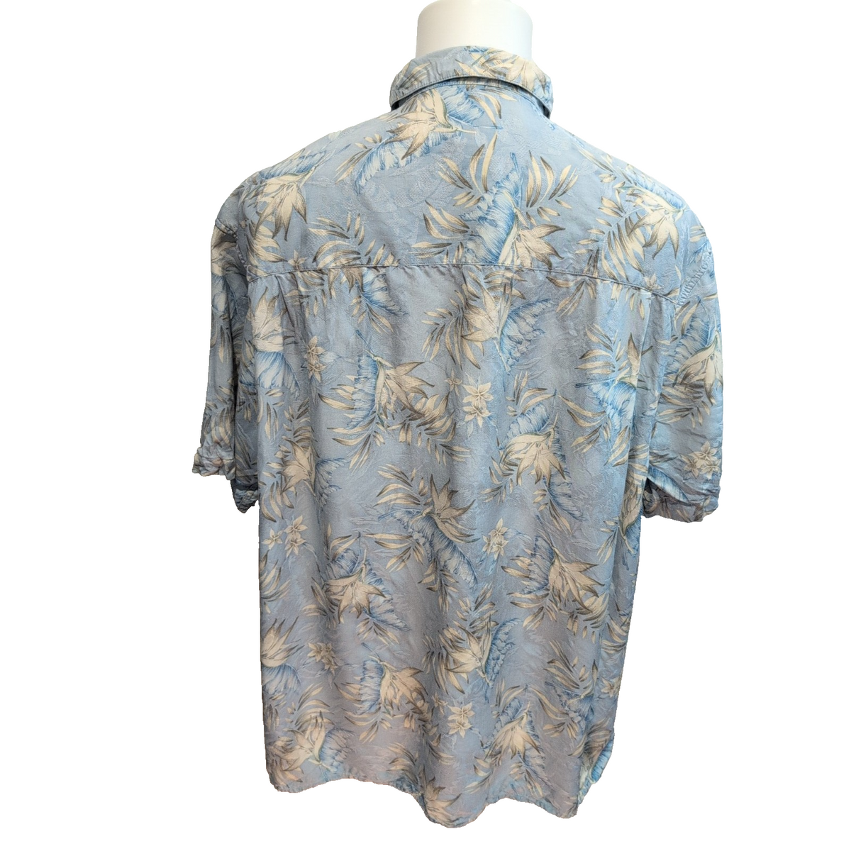 Chemise Hawaïenne JoS.A.Bank XL 100% Soie Bleue Feuillage Manches Courtes