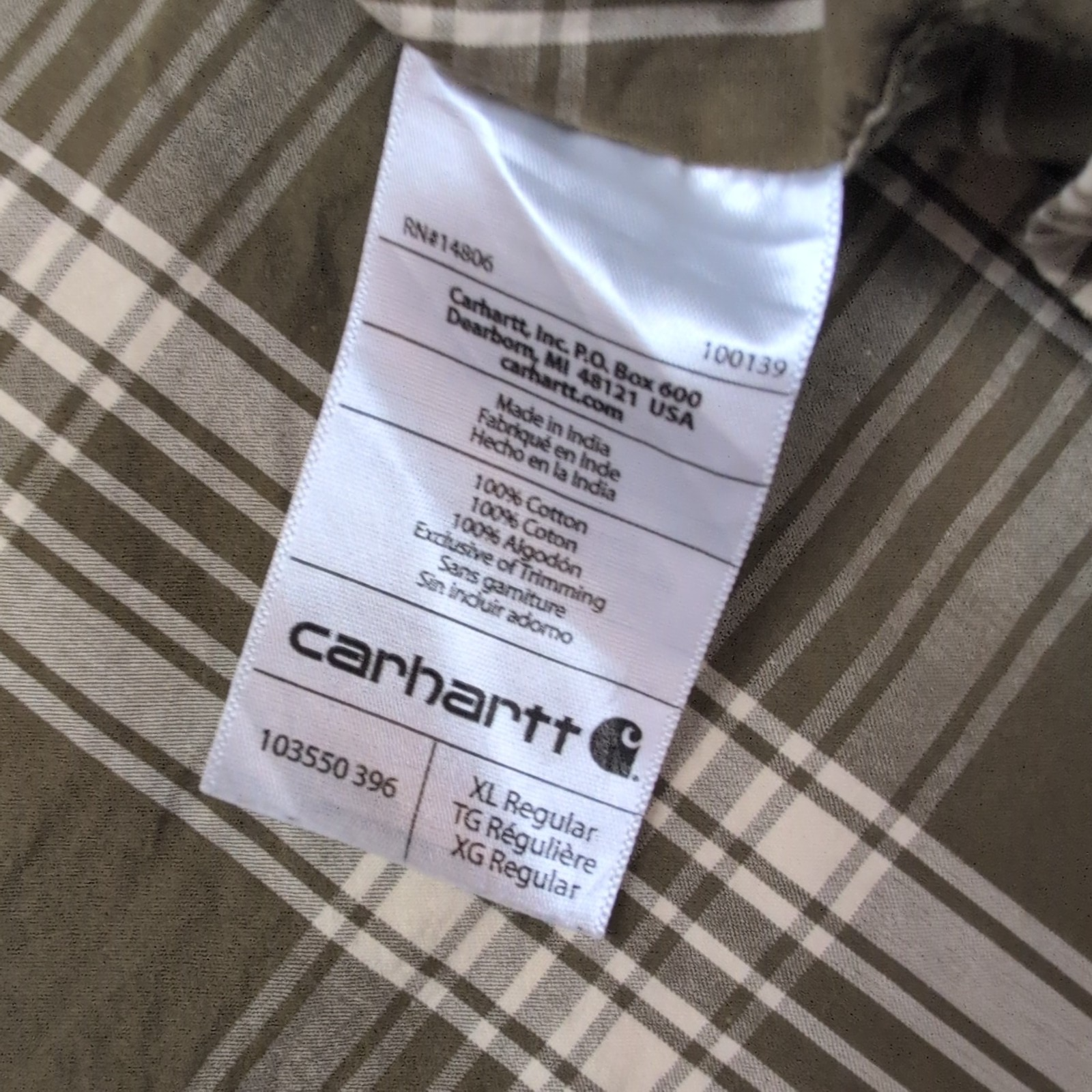 Chemise Carhartt XL Kaki Carreaux 3 Poches Coton Manches Courtes