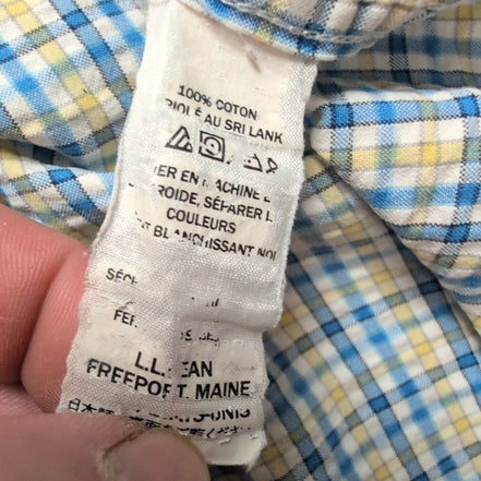 Chemise L.L.Bean M bleu jaune gaufrée manches courtes coton rare