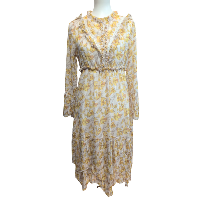 Robe Cubic L Fleurie Jaune Manches Longues Doublée Neuve