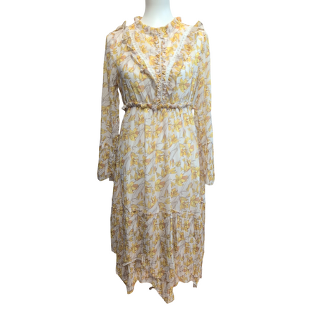 Robe Cubic L Fleurie Jaune Manches Longues Doublée Neuve