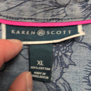 Chemise Karen Scott XL Bleu Effet Jean Fleurs Coton Poche Manches 3/4