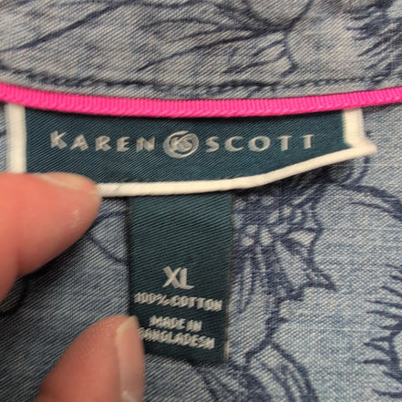 Chemise Karen Scott XL Bleu Effet Jean Fleurs Coton Poche Manches 3/4