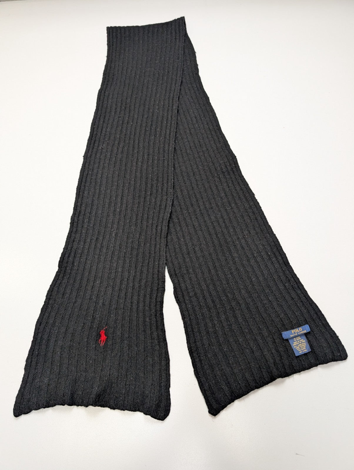 Écharpe Polo Ralph Lauren Côtelée Noire Logo Rouge 80% Laine d'Agneau Vintage