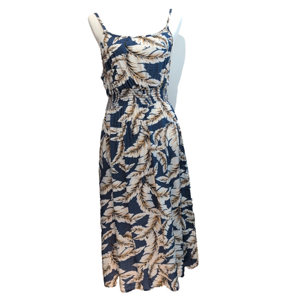 Robe d'été Made in USA L Tropicale Bleu Feuillage Rayonne Midi
