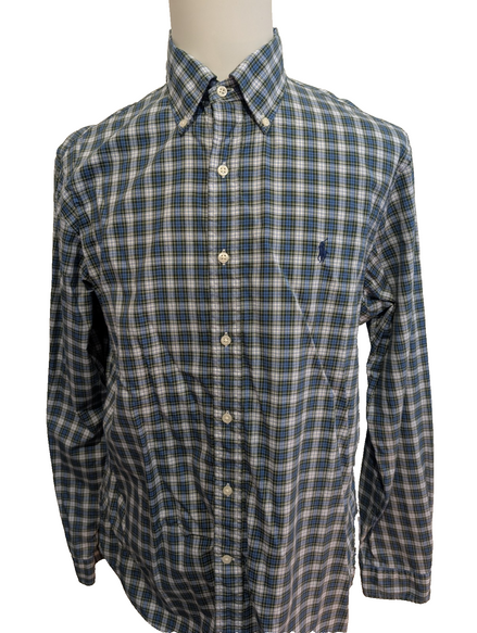 CHEMISE Ralph Lauren Homme L/XL CLASSIC FIT Bleu Vert Carreaux Logo Bleu
