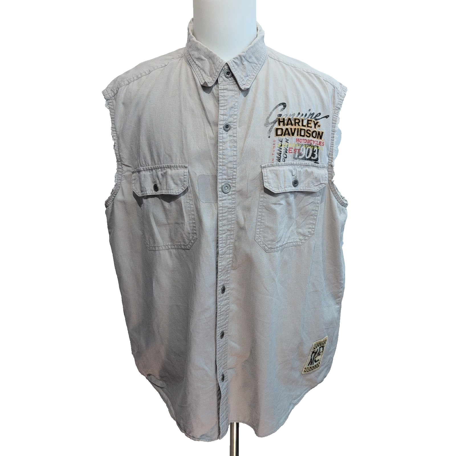 Chemise Harley-Davidson 2XL Sans Manches Gris Brodé Aigle Dos Lin Coton