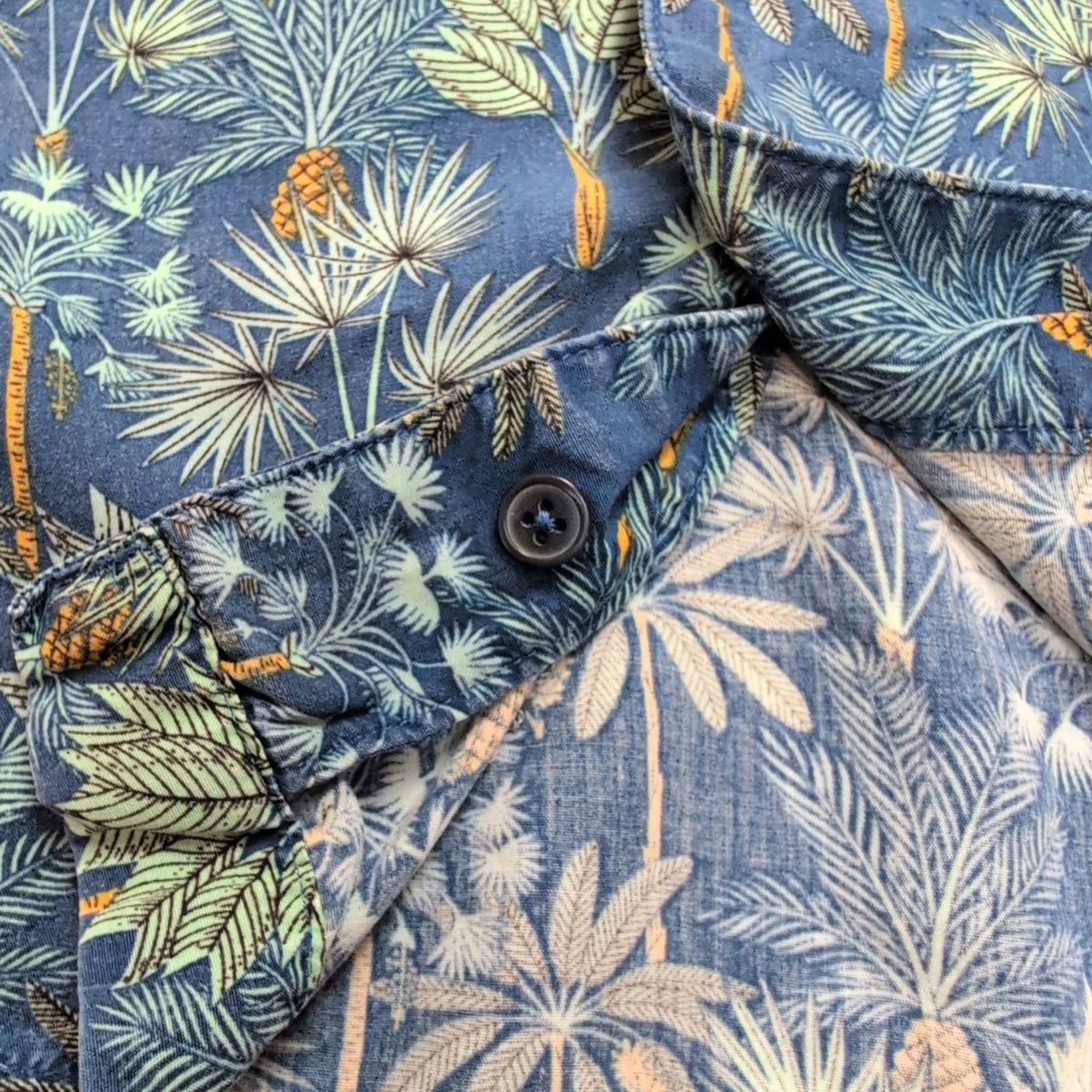 Chemise Hawaïenne M 100% Lyocell Bleue Palmiers Vert Orange Manches courtes