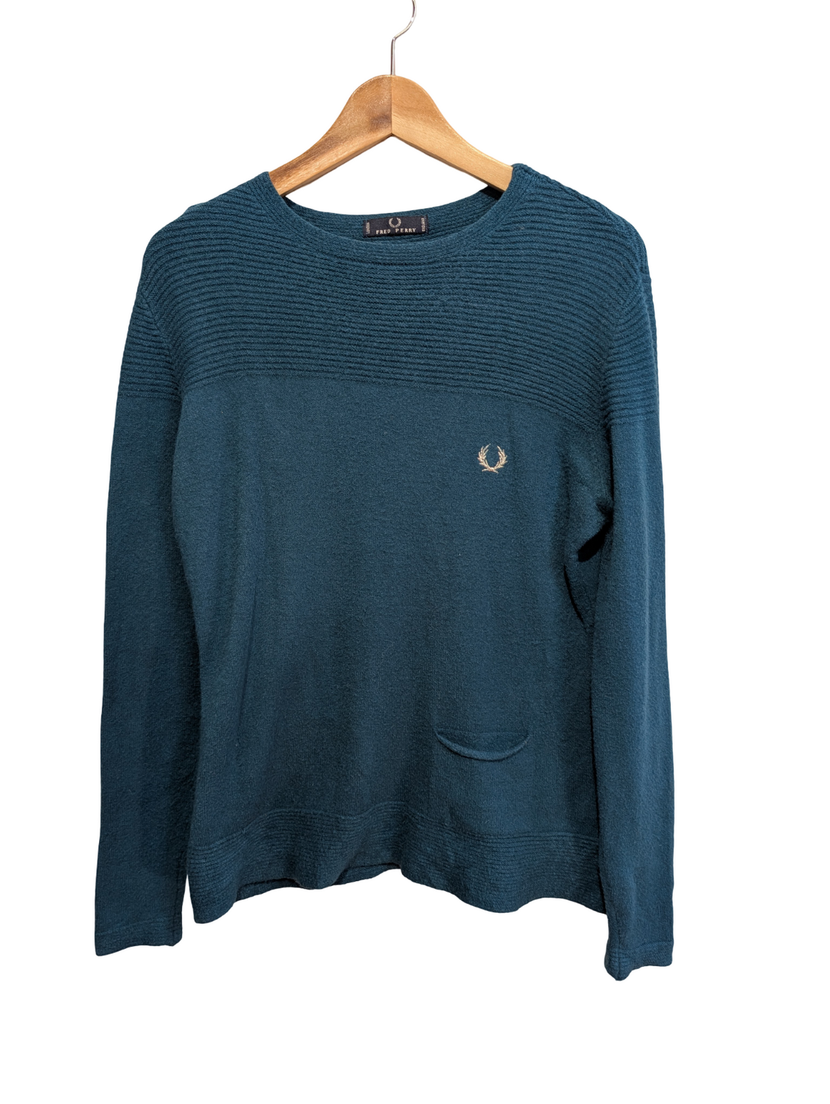 Pull Fred Perry Femme L Bleu Vert 100% Laine Made in Italy Logo Argenté