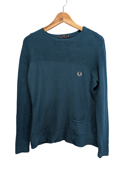 Pull Fred Perry Femme L Bleu Vert 100% Laine Made in Italy Logo Argenté