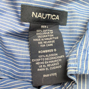 Chemise Nautica L Bleu Rayures Blanches Coton Logo Brodé Poche Mauritius