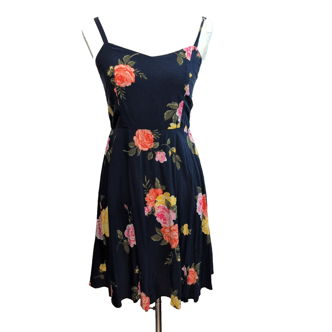 Robe d'été Femme Fleurie Bleu Marine Roses Viscose Bretelles M