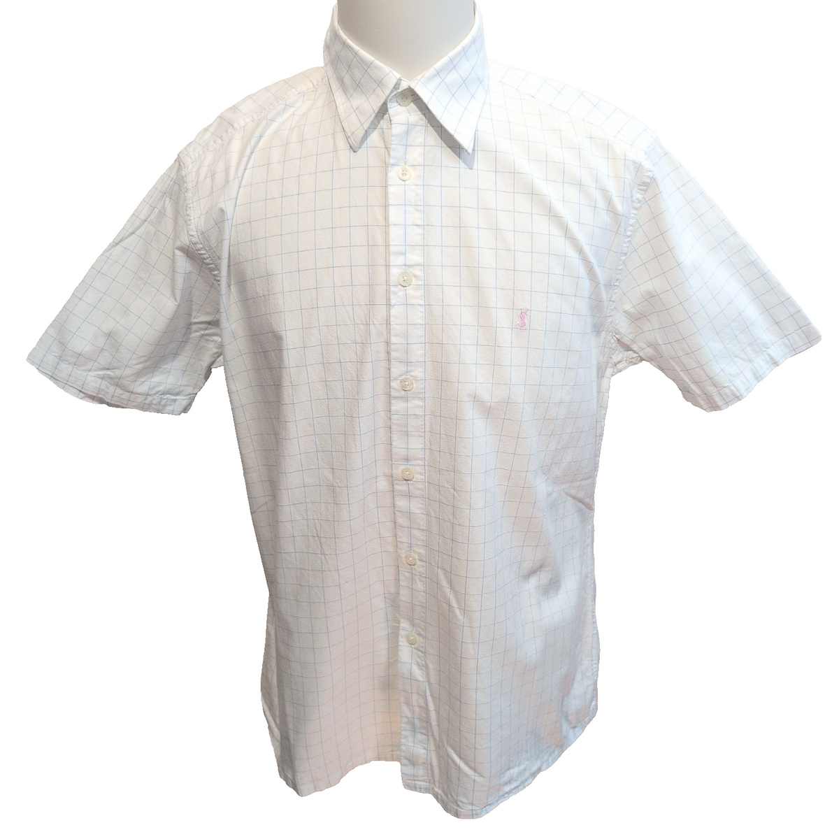 Chemise YVES SAINT LAURENT L Blanche Carreaux Bleus 100% Coton Logo Rose