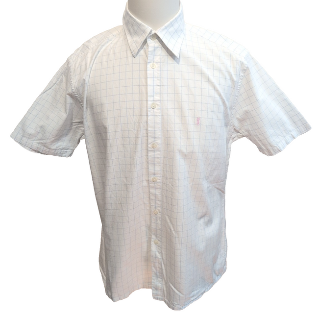 Chemise YVES SAINT LAURENT L Blanche Carreaux Bleus 100% Coton Logo Rose