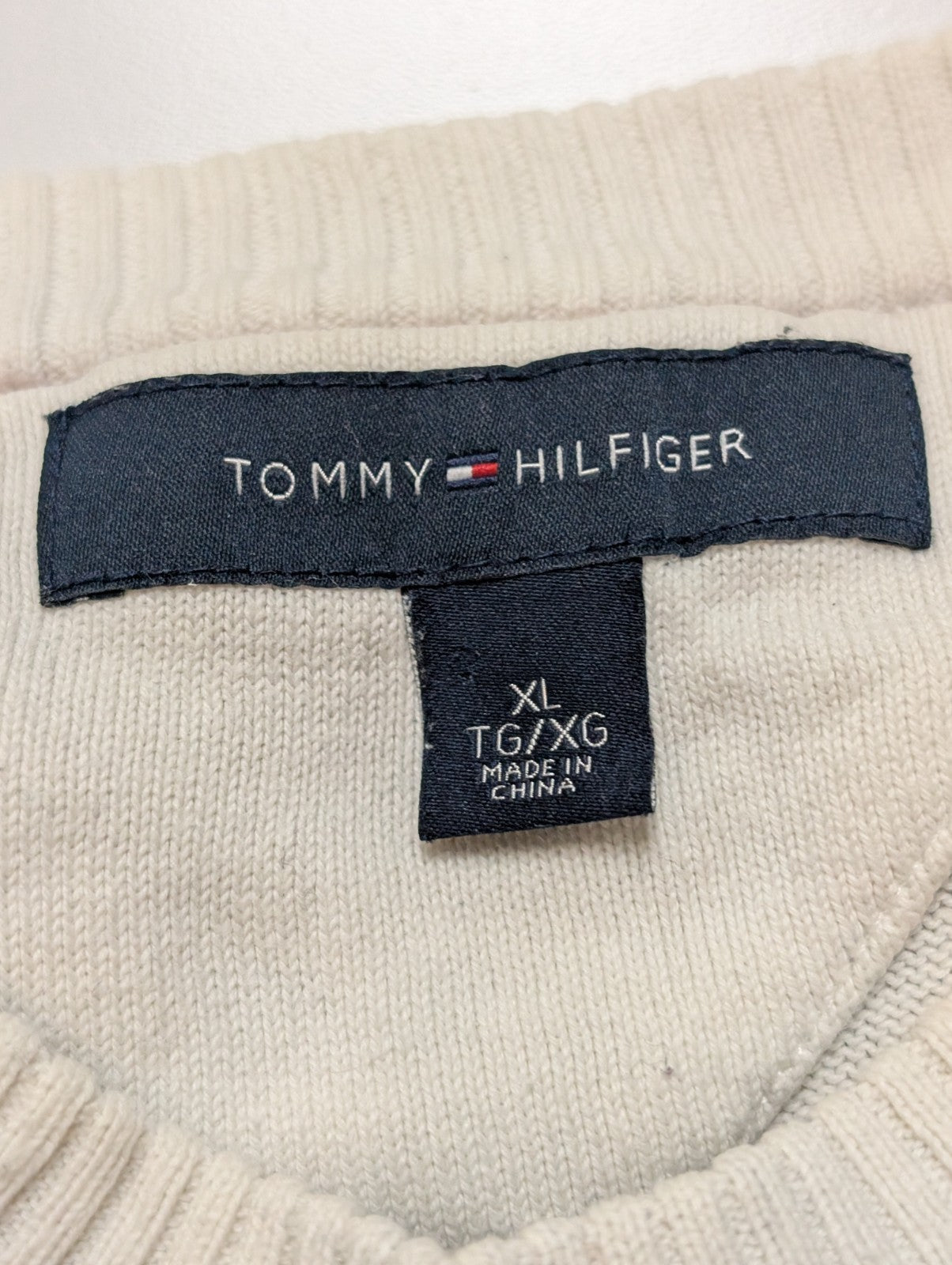 Pull Tommy Hilfiger Homme Col Rond Blanc à Rayures Marine - Taille 2XL / 3XL