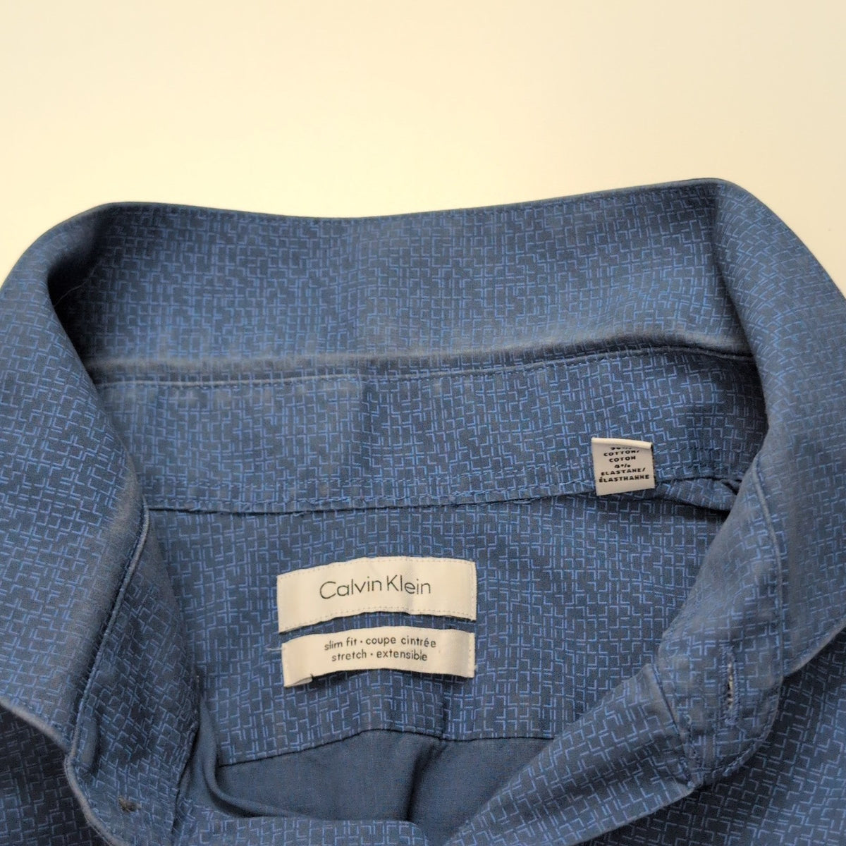 Chemise CALVIN KLEIN Slim Fit XL Bleu Motif Géométrique Stretch Coton