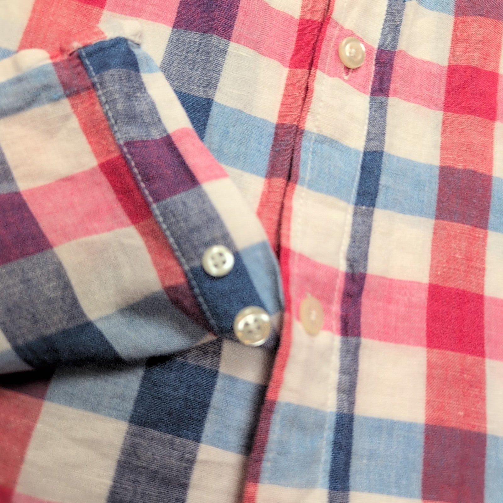 Chemise Bachrach XXL Lin Coton Carreaux Bleu Rouge Blanc Manches Retractables
