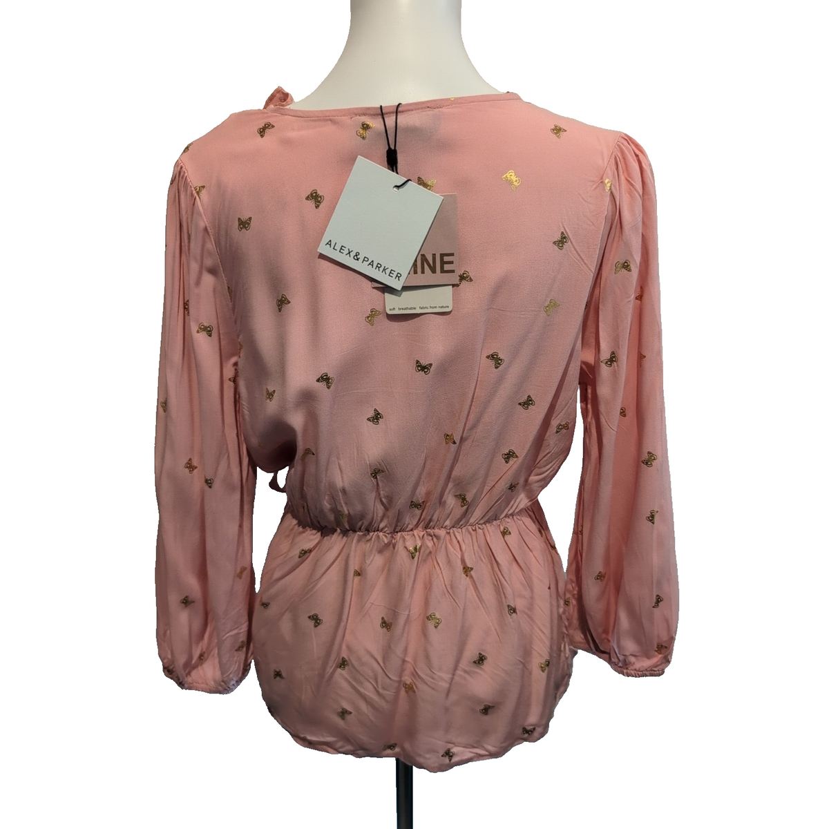 Haut Femme Alex & Parker Taille L Rose Saumon Papillons Dorés Cache-Cœur Neuf