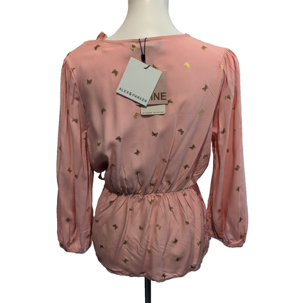 Haut Femme Alex & Parker Taille L Rose Saumon Papillons Dorés Cache-Cœur Neuf