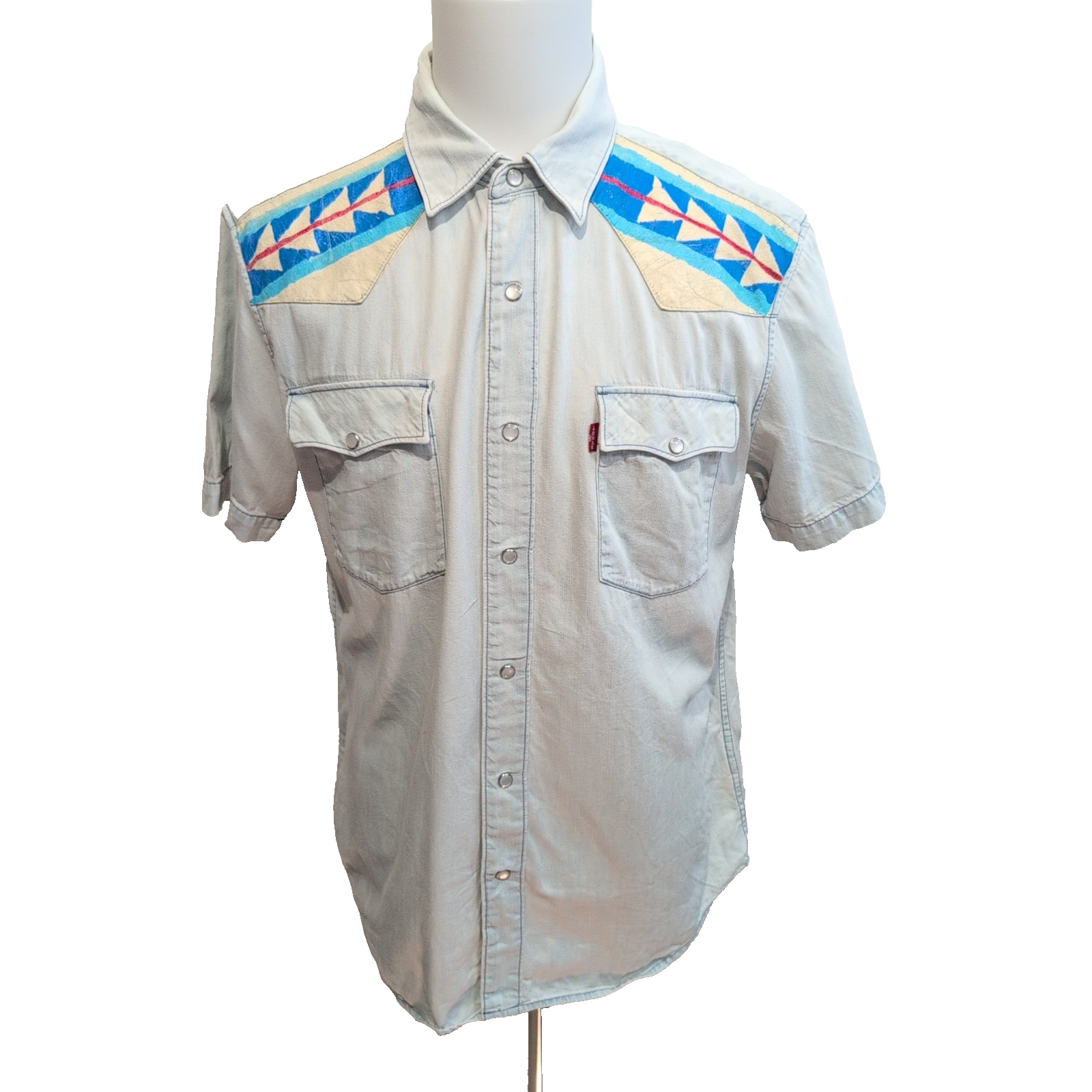 Chemise Levis Western L Jean Denim Bleu Motif Navajo Vintage Manches Courtes