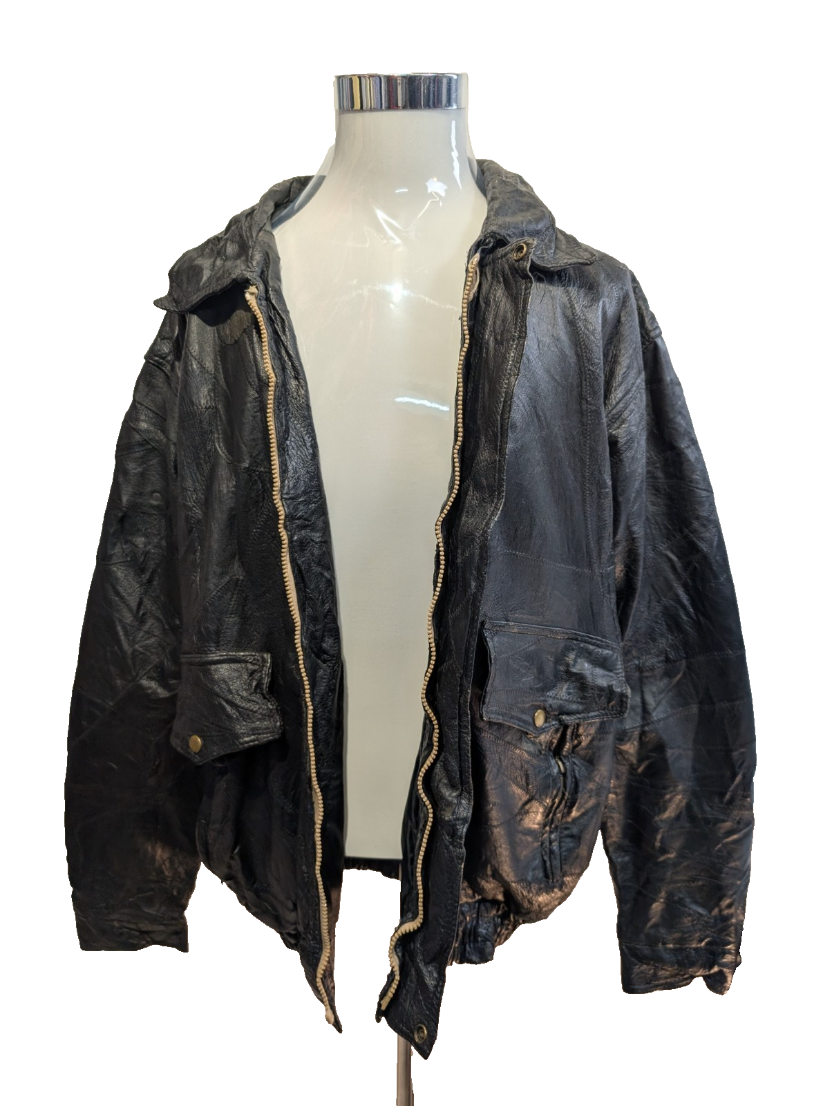 Vintage Leather Bomber Jacket Patchwork Black XL Napoline Coat Veste |48c