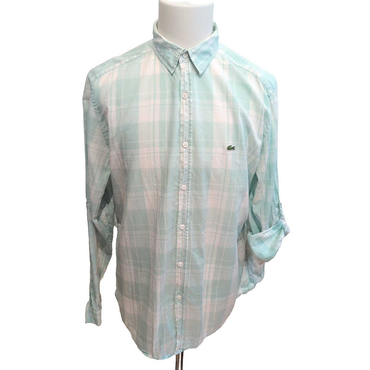 Chemise Lacoste Vintage 43 L Carreaux Vert Pastel Manches Longues Modulables