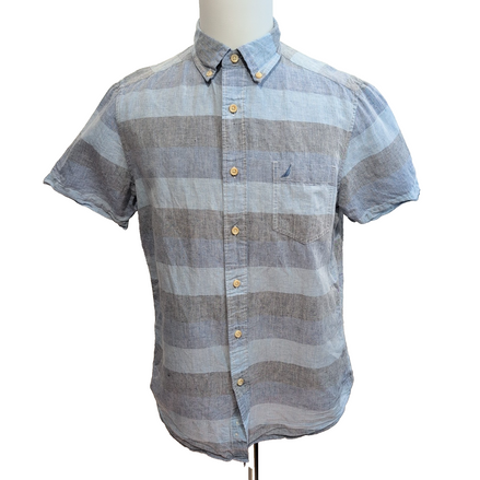 Chemise Nautica M Bleu Rayures Lin Coton Logo Brodé Poche Manches Courtes