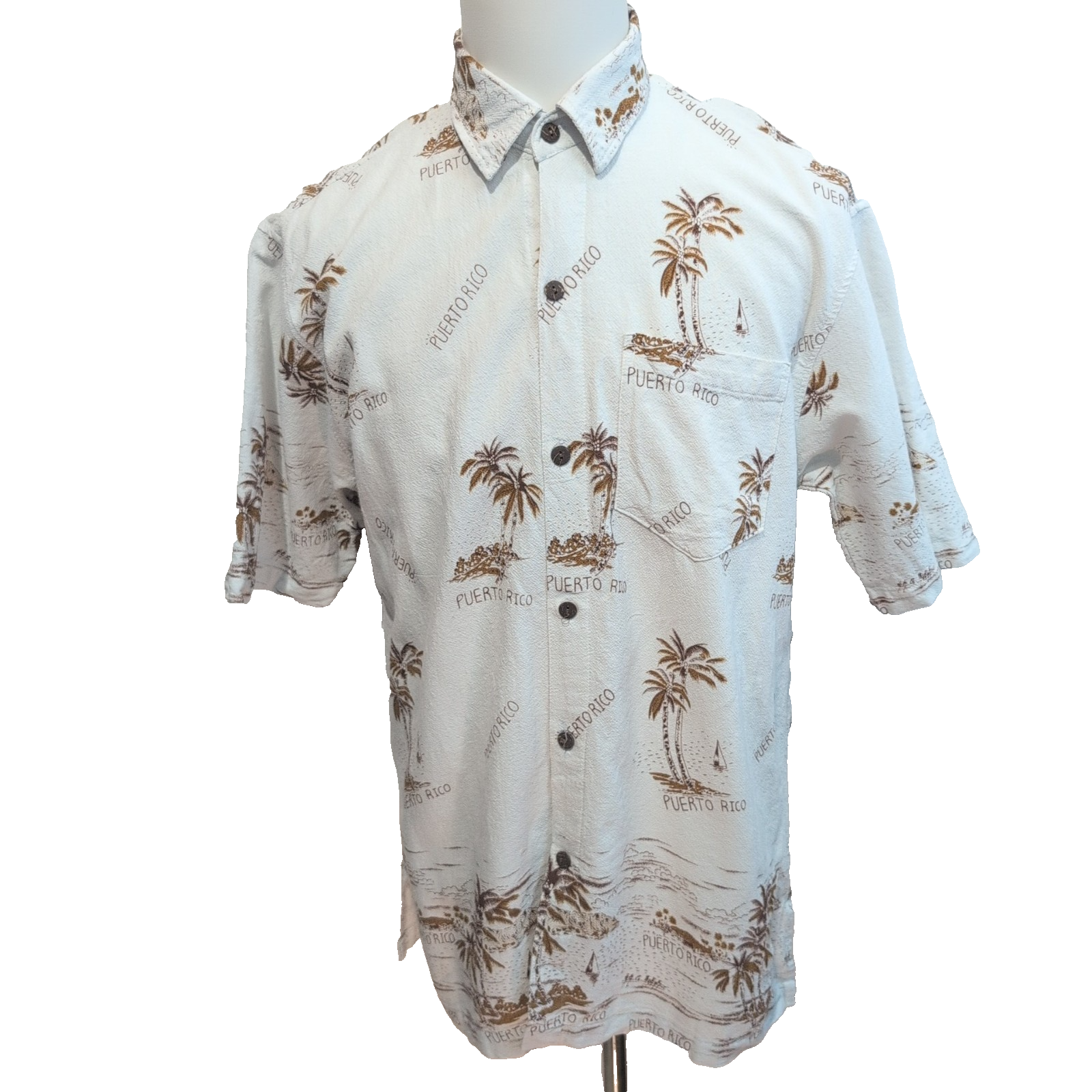 Chemise Hawaïenne Shoreline XL Coton Texturé Blanc Palmiers Puerto Rico