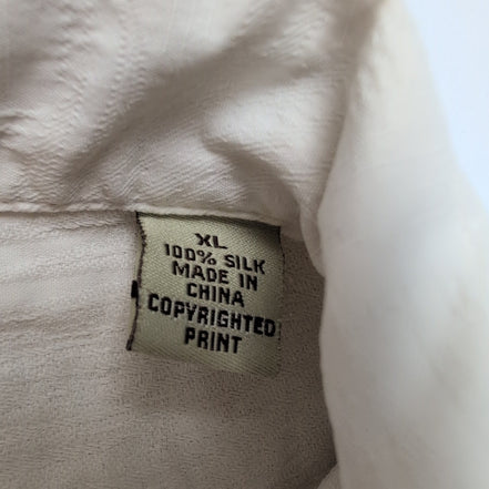 Chemise Hawaïenne Tommy Bahama XL 100% Soie Blanche Palmiers Boutons Bois