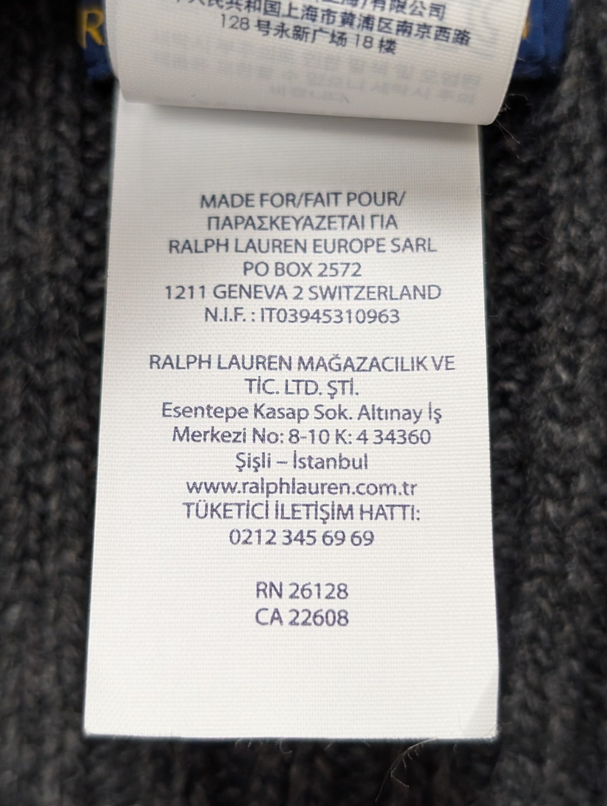 Écharpe Polon Ralph Lauren Côtelée Gris Foncé Logo Noir Laine d'Agneau Mix
