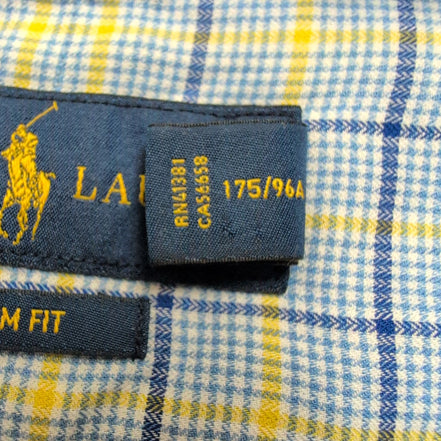 Chemise Ralph Lauren M Slim Fit Carreaux Bleu Jaune 100% Coton Logo Bleu Marine