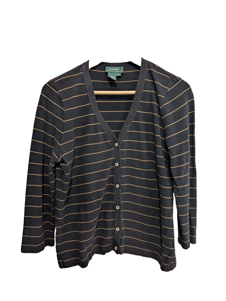 Cardigan femme Lauren Ralph Lauren M noir rayures marron coton col V boutons